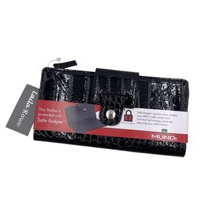 NEW Mundi Women's Safe Keeper Wallet Black Patent Croc Embossed RFID Protection